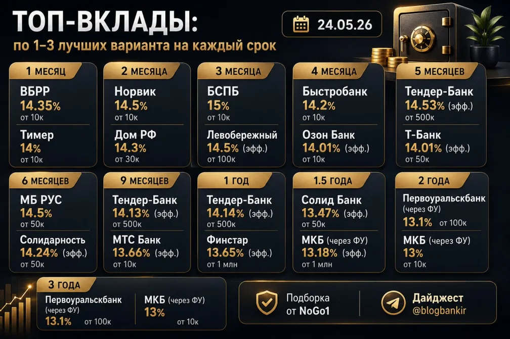 Топ-вклады: по 1–2 лучших варианта на каждый срок (24.05.26)