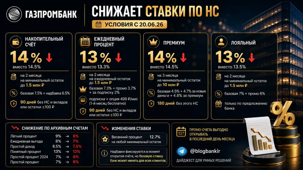 Газпромбанк снижает ставки по НС c 20.06.26