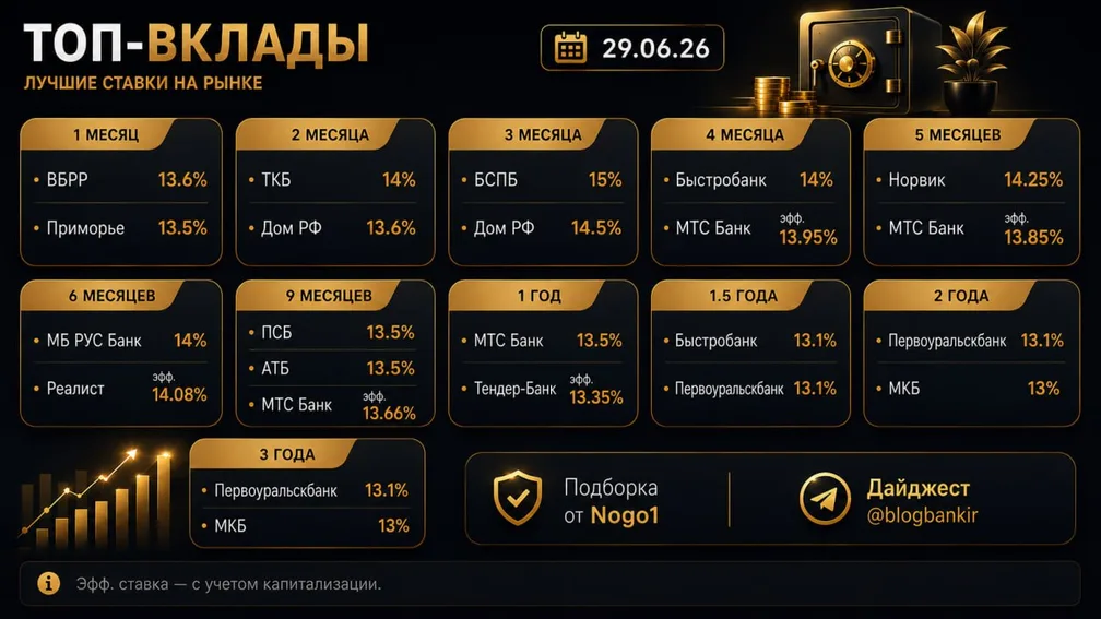 Топ-вклады: по 1–2 лучших варианта на каждый срок (29.06.26)
