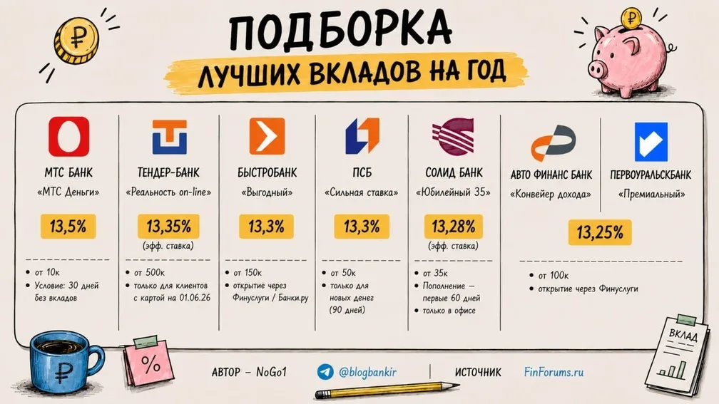 Самые выгодные вклады на 1 год (09.07.2026)