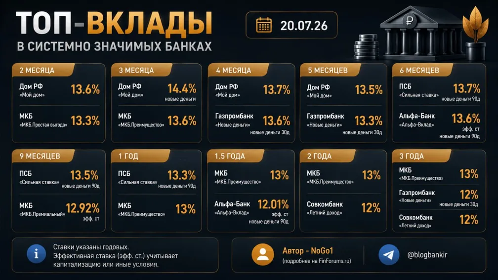 Топ-вклады в системно значимых банках (20.07.26)