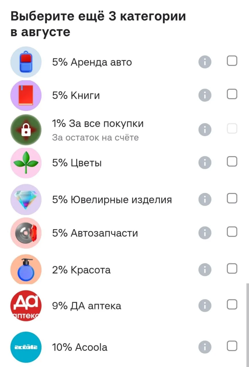 Категории кэшбэка в Альфе на август
