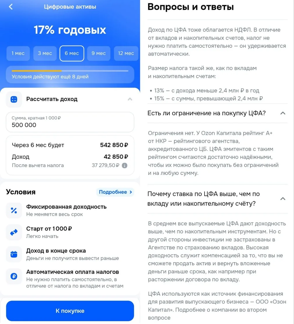 По ЦФА Озон Капитал был повышен рейтинг надёжности А+ и теперь можно покупать цифровые фин. активы на любую…