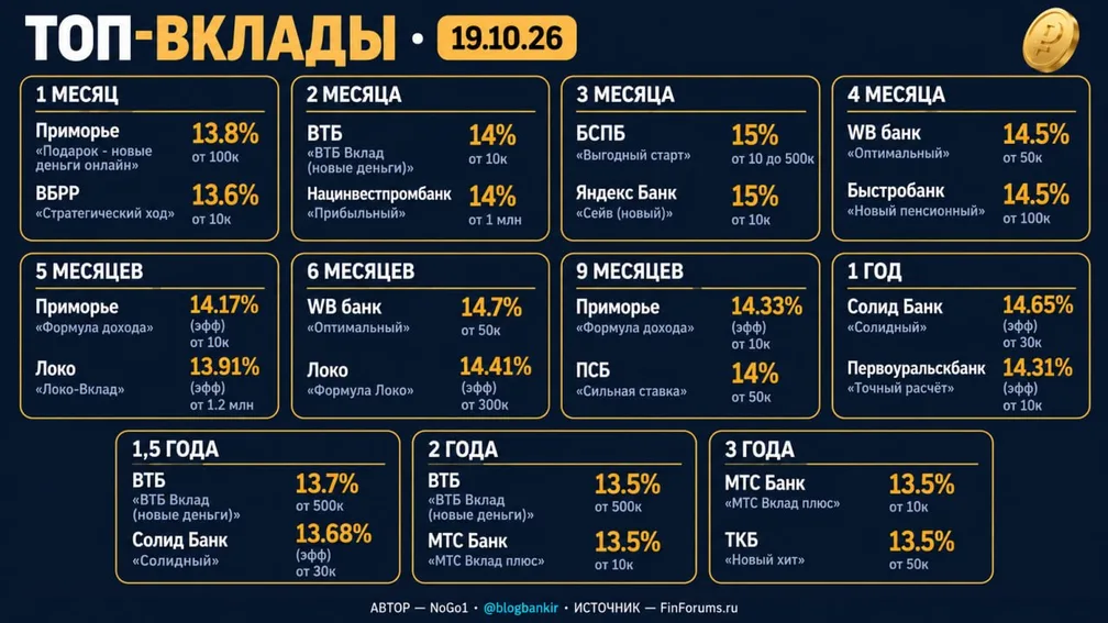 Топ-вклады: по 2 лучших варианта на каждый срок (19.10.26)